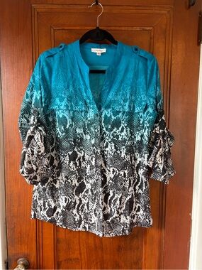 Calvin Klein Teal Ombré Snake-Print Roll-Tab Button Down Shirt